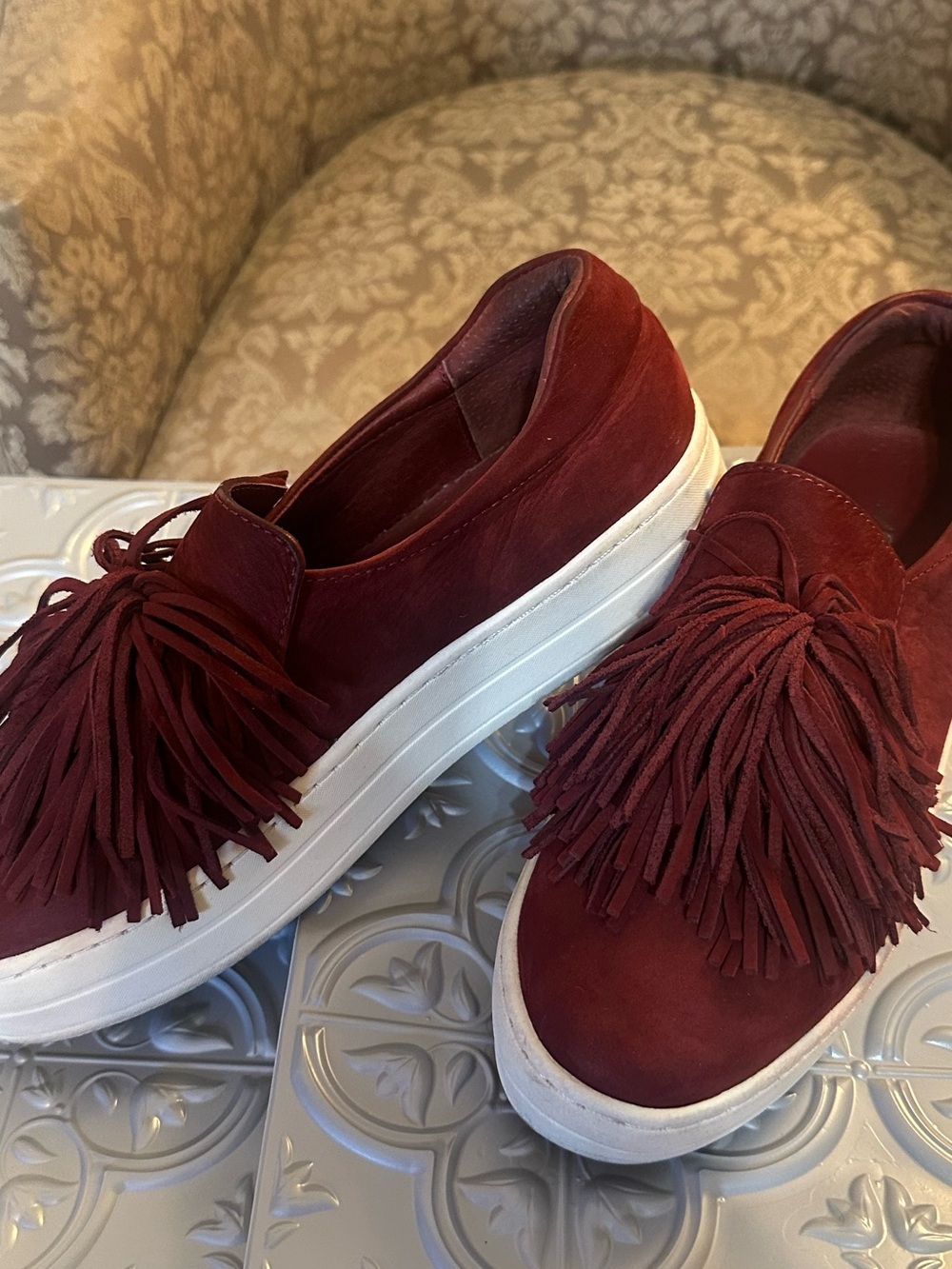 J/Slides Hope Fringe Sneakers Burgundy Leather Platform Slip On Shoes Size 8 - Picture 3 of 9